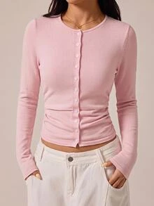 SHEIN MOD 女款素色休閒浪漫百搭日常長袖開襟衫，秋季上衣，上班約會穿搭，外出百搭淺粉色 - 粉色 - 查看 2