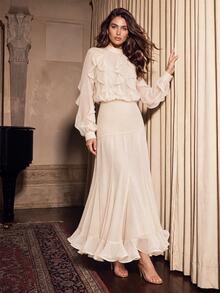 Anewsta Autumn V-Neck Elegant Modest Chiffon Ruffle Trim Long Sleeve Patchwork Flared Hem Bodycon Dinner Dress For Women Cream White Wedding - Apricot - View 7