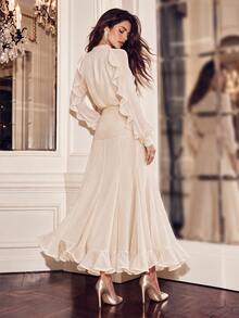 Anewsta Autumn V-Neck Elegant Modest Chiffon Ruffle Trim Long Sleeve Patchwork Flared Hem Bodycon Dinner Dress For Women Cream White Wedding - Apricot - View 2