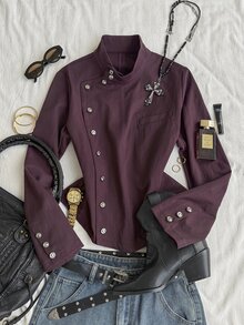 Attitoon Women's Solid Color Casual Versatile Daily Long Sleeve Jacket - Burgundy - View 1