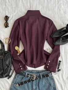 Attitoon Women's Solid Color Casual Versatile Daily Long Sleeve Jacket - Burgundy - View 2