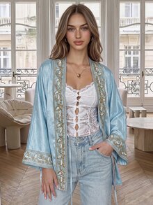Cévolie Women's Solid Color Pearl Heavy Embroidery Gold Thread Lace Trim Elegant Early Autumn Blouse Jacket - Blue - View 5
