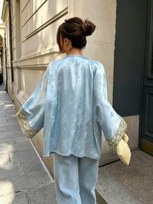 Cévolie Women's Solid Color Pearl Heavy Embroidery Gold Thread Lace Trim Elegant Early Autumn Blouse Jacket - Blue - View 7