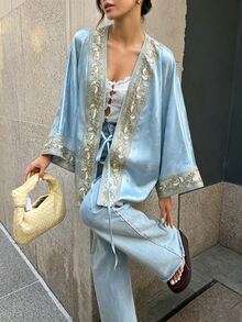 Cévolie Women's Solid Color Pearl Heavy Embroidery Gold Thread Lace Trim Elegant Early Autumn Blouse Jacket - Blue - View 9
