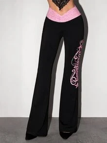 SHEIN ICON Women's Lace Letter Print Long Pants - Multicolor - View 3
