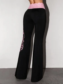 SHEIN ICON Women's Lace Letter Print Long Pants - Multicolor - View 2