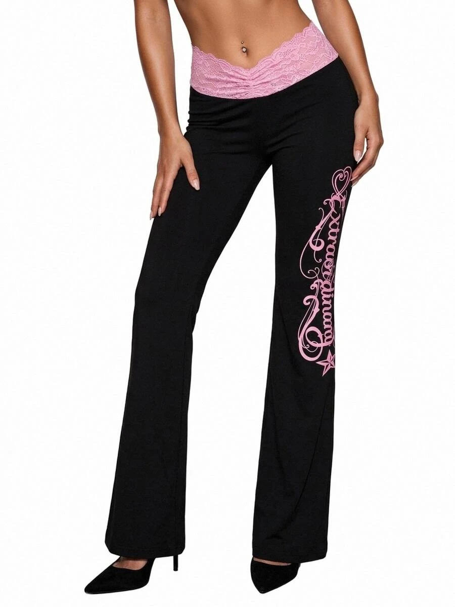 SHEIN ICON Women's Lace Letter Print Long Pants - Multicolor - View 1