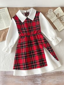 SHEIN 女童格紋拼接彩色休閒公主仙女風聖誕秋季洋裝，適合媽媽與女兒穿搭，7歲生日白色彩虹款 - 紅白色 - 查看 7