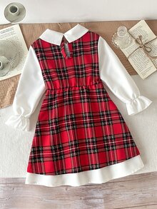 SHEIN 女童格紋拼接彩色休閒公主仙女風聖誕秋季洋裝，適合媽媽與女兒穿搭，7歲生日白色彩虹款 - 紅白色 - 查看 2
