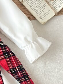 SHEIN 女童格紋拼接彩色休閒公主仙女風聖誕秋季洋裝，適合媽媽與女兒穿搭，7歲生日白色彩虹款 - 紅白色 - 查看 6