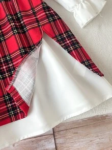 SHEIN 女童格紋拼接彩色休閒公主仙女風聖誕秋季洋裝，適合媽媽與女兒穿搭，7歲生日白色彩虹款 - 紅白色 - 查看 4