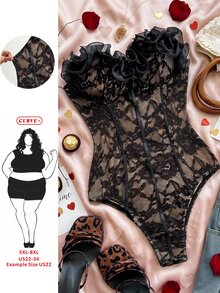 SHEIN CURVE+ Plus Size Vacation Black Lace Trim Corset, Christmas - Black - View 1