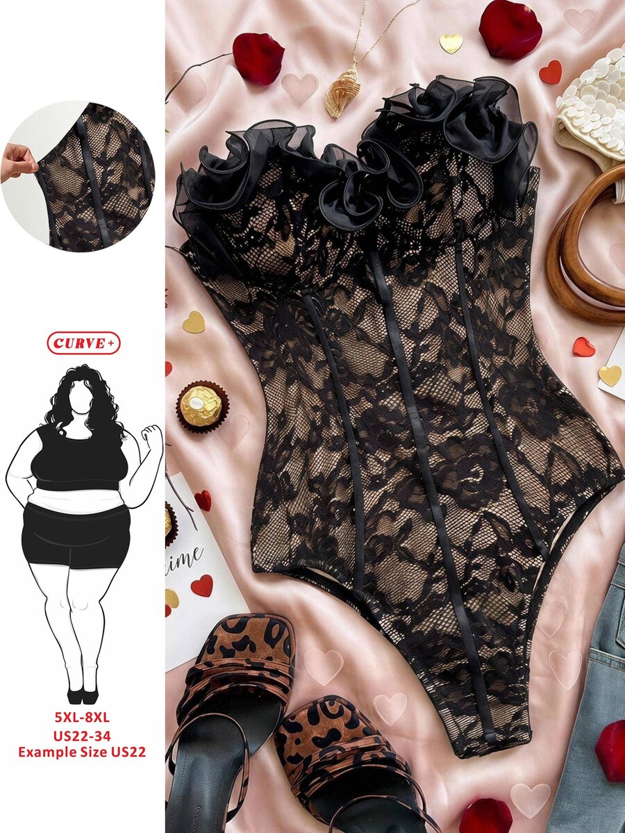 SHEIN CURVE+ Plus Size Vacation Black Lace Trim Corset, Christmas - Black - View 1