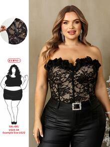 SHEIN CURVE+ Plus Size Vacation Black Lace Trim Corset, Christmas - Black - View 9