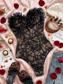 SHEIN CURVE+ Plus Size Vacation Black Lace Trim Corset, Christmas - Black - View 3