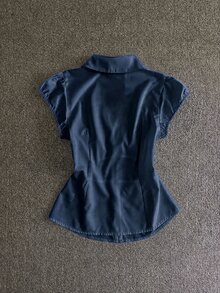 IslaSuriya Women's Minimalist Single-Breasted Pleated Waist Blouse For Daily Wear - Royal Blue - View 2