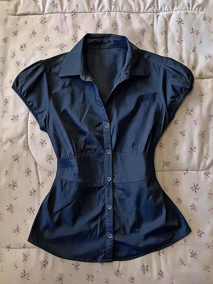 IslaSuriya Women's Minimalist Single-Breasted Pleated Waist Blouse For Daily Wear - Royal Blue - View 1
