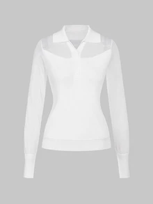 LUMIGAL Women's White Collared Sheer Mesh Half-Button Ribbed Knit Slim Fit Long Sleeve Sweater, Elegant Mesh Patchwork Top, Suitable For Autumn Office, Date And Casual Wear - White - View 10
