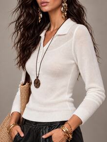 LUMIGAL Women's White Collared Sheer Mesh Half-Button Ribbed Knit Slim Fit Long Sleeve Sweater, Elegant Mesh Patchwork Top, Suitable For Autumn Office, Date And Casual Wear - White - View 6