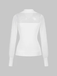 LUMIGAL Women's White Collared Sheer Mesh Half-Button Ribbed Knit Slim Fit Long Sleeve Sweater, Elegant Mesh Patchwork Top, Suitable For Autumn Office, Date And Casual Wear - White - View 11