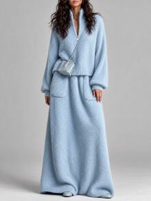 SHEIN LUNE طقم خريف/شتاء جديد من قطعتين محبوك، ملابس علوية علوية كاجوال فضفاضة بياقة واقفة وسحاب نصفي مع تنورة محبوكة بجيوب - أزرق فاتح اللون - مشاهدة 5