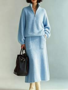 SHEIN LUNE طقم خريف/شتاء جديد من قطعتين محبوك، ملابس علوية علوية كاجوال فضفاضة بياقة واقفة وسحاب نصفي مع تنورة محبوكة بجيوب - أزرق فاتح اللون - مشاهدة 11