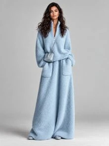 SHEIN LUNE طقم خريف/شتاء جديد من قطعتين محبوك، ملابس علوية علوية كاجوال فضفاضة بياقة واقفة وسحاب نصفي مع تنورة محبوكة بجيوب - أزرق فاتح اللون - مشاهدة 3