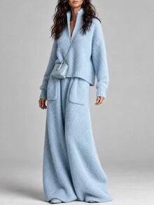 SHEIN LUNE طقم خريف/شتاء جديد من قطعتين محبوك، ملابس علوية علوية كاجوال فضفاضة بياقة واقفة وسحاب نصفي مع تنورة محبوكة بجيوب - أزرق فاتح اللون - مشاهدة 12