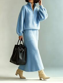 SHEIN LUNE طقم خريف/شتاء جديد من قطعتين محبوك، ملابس علوية علوية كاجوال فضفاضة بياقة واقفة وسحاب نصفي مع تنورة محبوكة بجيوب - أزرق فاتح اللون - مشاهدة 10