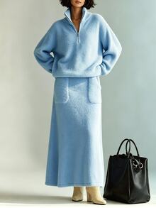 SHEIN LUNE طقم خريف/شتاء جديد من قطعتين محبوك، ملابس علوية علوية كاجوال فضفاضة بياقة واقفة وسحاب نصفي مع تنورة محبوكة بجيوب - أزرق فاتح اللون - مشاهدة 9