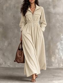 GlowEve Women's Elegant Lapel Elastic Waist Zipper Maxi Dress Textured Drawstring Waist Pocketed Fall/Winter - Khaki - View 2