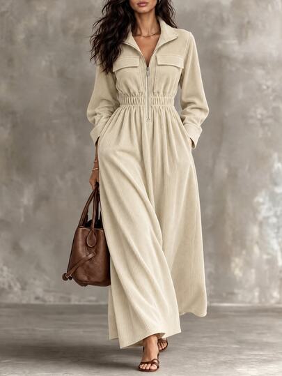 GlowEve Women's Elegant Lapel Elastic Waist Zipper Maxi Dress Textured Drawstring Waist Pocketed Fall/Winter