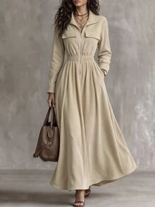 GlowEve Women's Elegant Lapel Elastic Waist Zipper Maxi Dress Textured Drawstring Waist Pocketed Fall/Winter - Khaki - View 13
