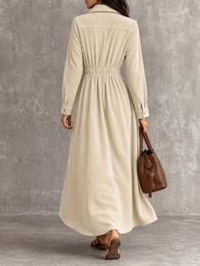 GlowEve Women's Elegant Lapel Elastic Waist Zipper Maxi Dress Textured Drawstring Waist Pocketed Fall/Winter - Khaki - View 3