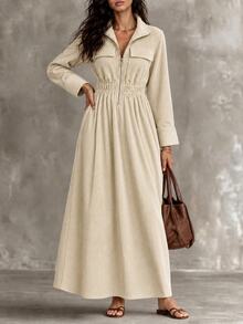 GlowEve Women's Elegant Lapel Elastic Waist Zipper Maxi Dress Textured Drawstring Waist Pocketed Fall/Winter - Khaki - View 6