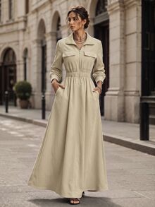 GlowEve Women's Elegant Lapel Elastic Waist Zipper Maxi Dress Textured Drawstring Waist Pocketed Fall/Winter - Khaki - View 12