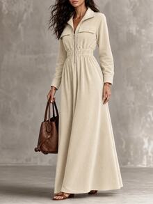 GlowEve Women's Elegant Lapel Elastic Waist Zipper Maxi Dress Textured Drawstring Waist Pocketed Fall/Winter - Khaki - View 14