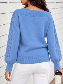 SHEIN LUNE 春秋新款純色鏤空長袖露肩針織套頭上衣 - 藍色 - 查看 3