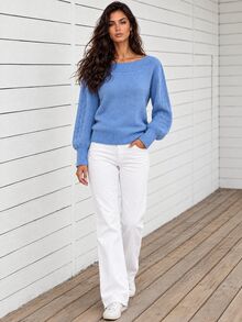 SHEIN LUNE 春秋新款純色鏤空長袖露肩針織套頭上衣 - 藍色 - 查看 8