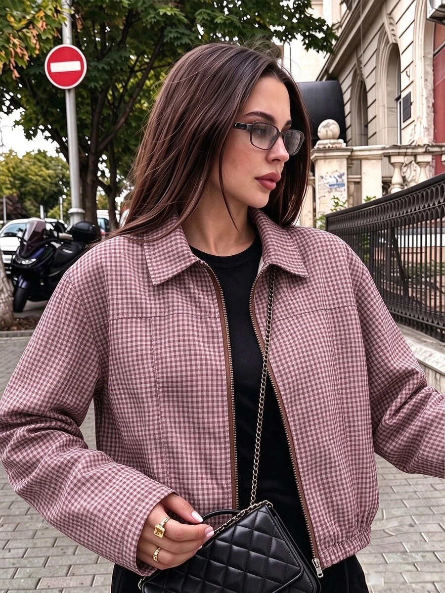 SHEIN 1件女款數位印花復古格紋短夾克,秋季翻領拉鍊上衣,短版俐落修身,長袖寬鬆舒適,數位印花圖案,校園日常休閒穿搭,韓系女孩風 - 棕色 - 查看 1