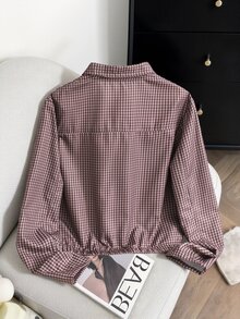 SHEIN 1件女款數位印花復古格紋短夾克，秋季翻領拉鍊上衣，短版俐落修身，長袖寬鬆舒適，數位印花圖案，校園日常休閒穿搭，韓系女孩風 - 棕色 - 查看 2