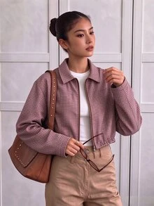 SHEIN 1件女款數位印花復古格紋短夾克，秋季翻領拉鍊上衣，短版俐落修身，長袖寬鬆舒適，數位印花圖案，校園日常休閒穿搭，韓系女孩風 - 棕色 - 查看 5