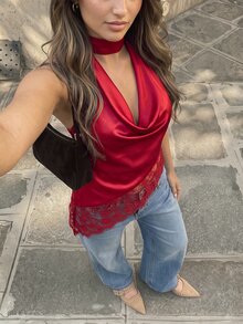 Cévolie 時尚派對修身性感垂領褶皺蕾絲飾邊拼接露背無袖背心上衣 - 紅色 - 查看 4