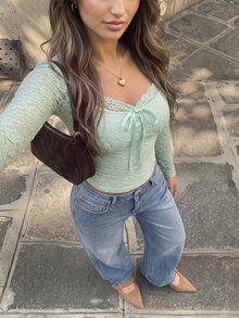 Cévolie 女款甜心領前綁帶長袖修身蕾絲時尚上衣 - 綠色 - 查看 5