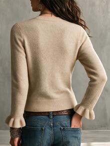 SHEIN Women New Chinese Style Frog Button Knit Cardigan, Crew Neck Long Sleeve Ruffle Cuff Slim Fit Sweate - Apricot - View 2