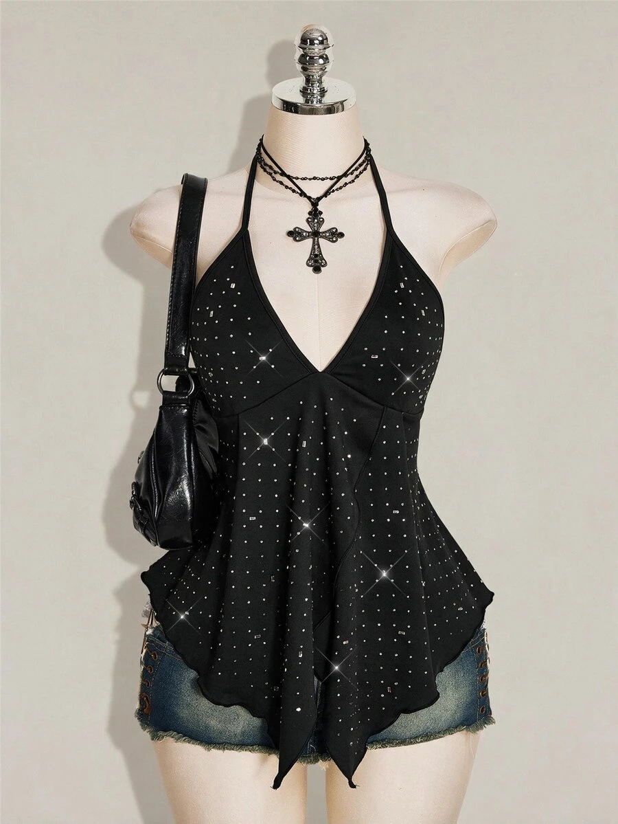 SHEIN ICON 女款水鑽裝飾不對稱下擺掛脖綁帶背心 - 黑色 - 查看 1