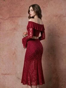 SHEIN MOD Bell Sleeve Tie-Up Shoulder Top And Fishtail Long Skirt 2 Pieces Set - Burgundy - View 12