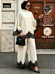 Juhart Plus Size French Lace Patchwork Top And Loose Pants 2 Pieces Set - Apricot - View 8