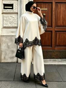 Juhart Plus Size French Lace Patchwork Top And Loose Pants 2 Pieces Set - Apricot - View 5
