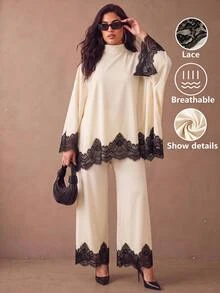 Juhart Plus Size French Lace Patchwork Top And Loose Pants 2 Pieces Set - Apricot - View 1